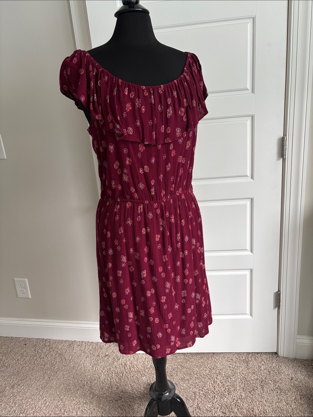 LOFT Burgundy Floral Ruffle-Neck Mini Dress